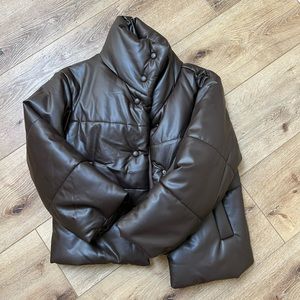 Brown Faux Leather Look Collar Puffer Jacket